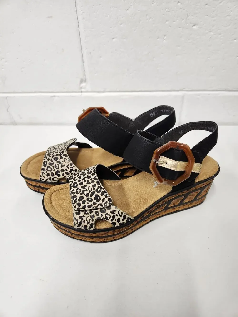 Rieker Women's 68176 Rose Wedge Sandals, Size 38 (7-7.5) In Ginger/Schwarz/Gold